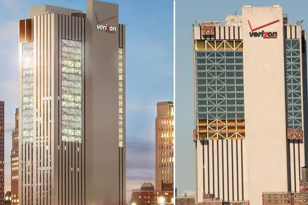 Verizon's new partial transparency, helpfully illustrated by the changing facade of this Manhattan building.